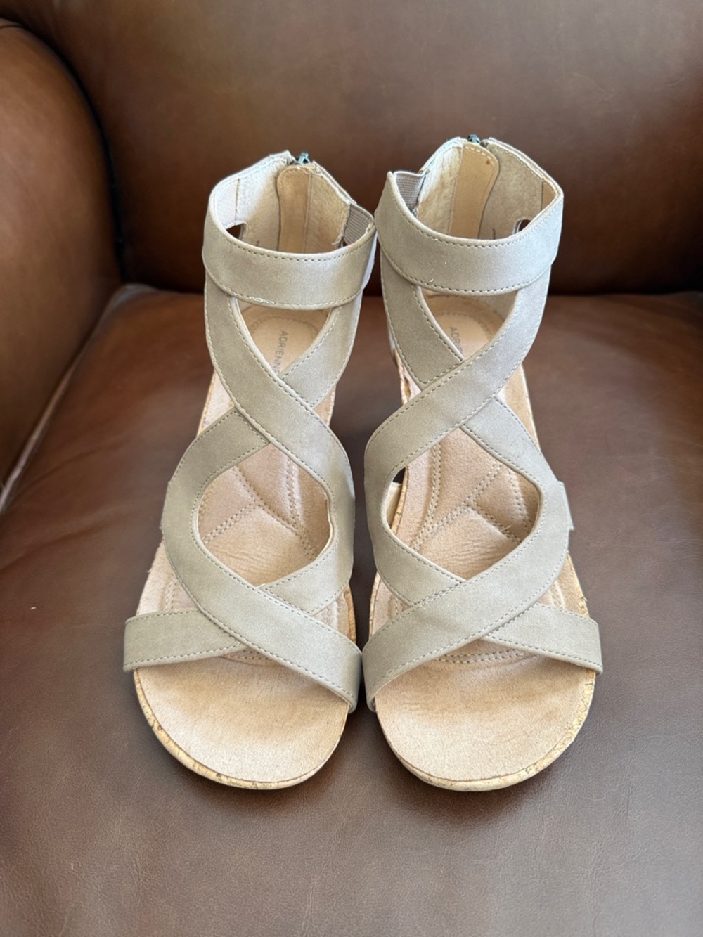 Adrienne Vittadini Taupe Crisscross Wedge Sandals